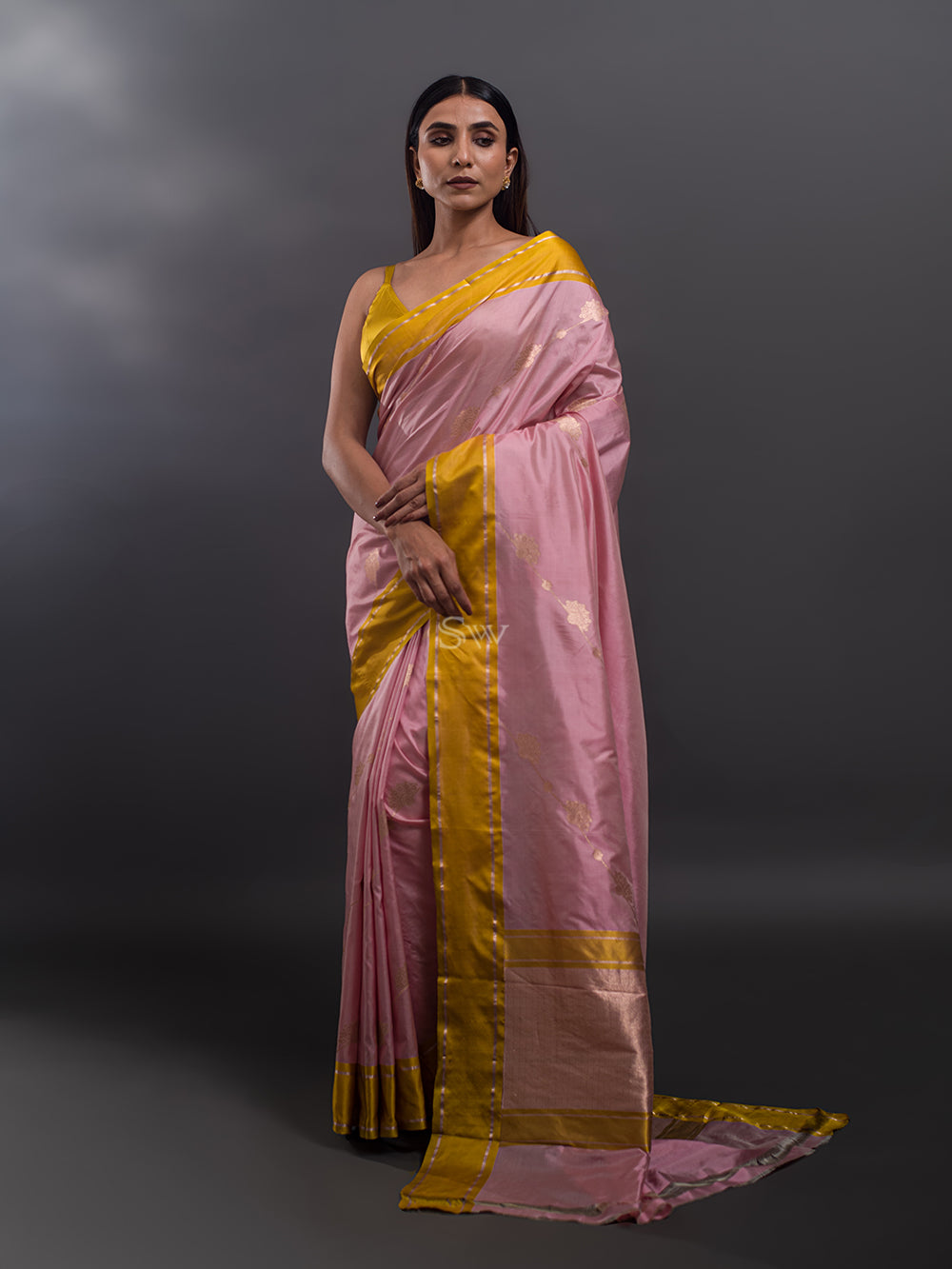 Pink Stripe Katan Silk Handloom Banarasi Saree - Sacred Weaves