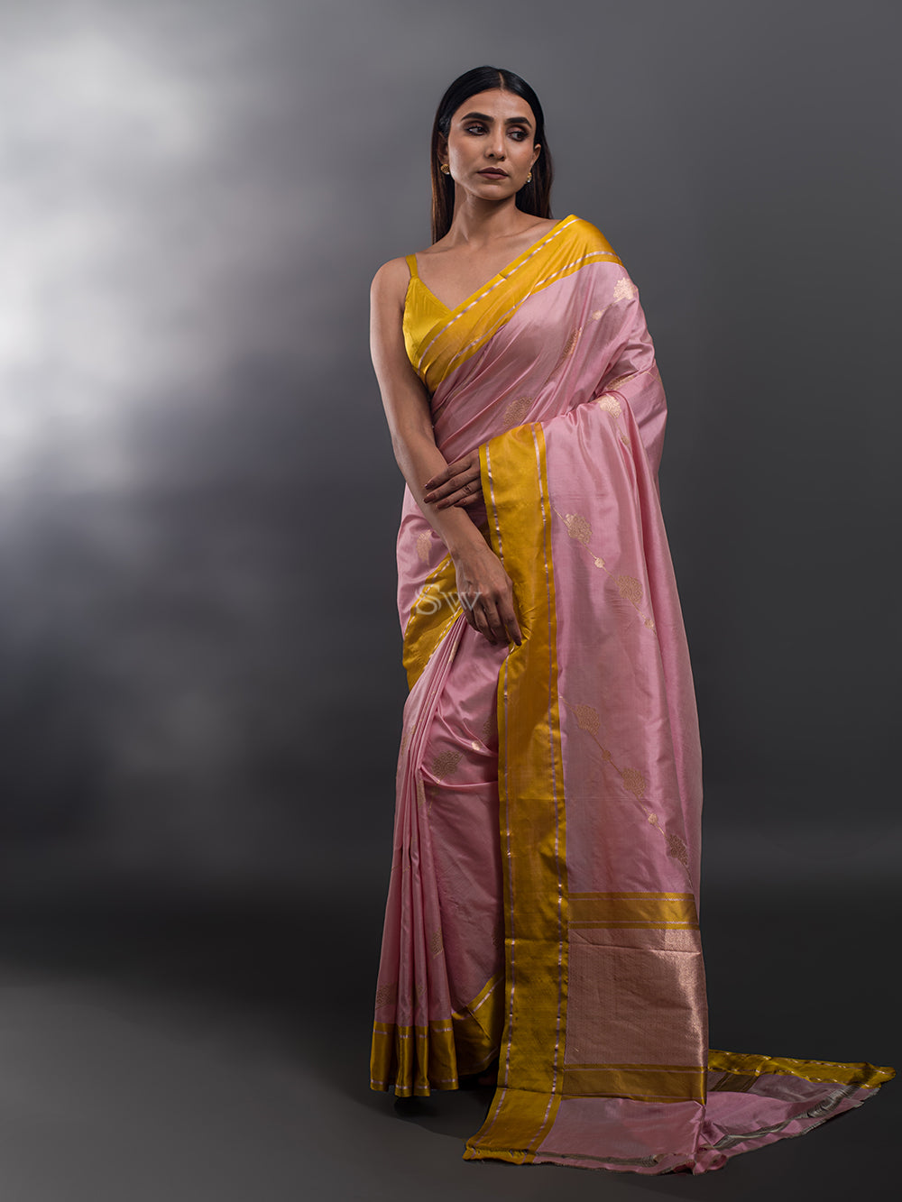 Pink Stripe Katan Silk Handloom Banarasi Saree - Sacred Weaves