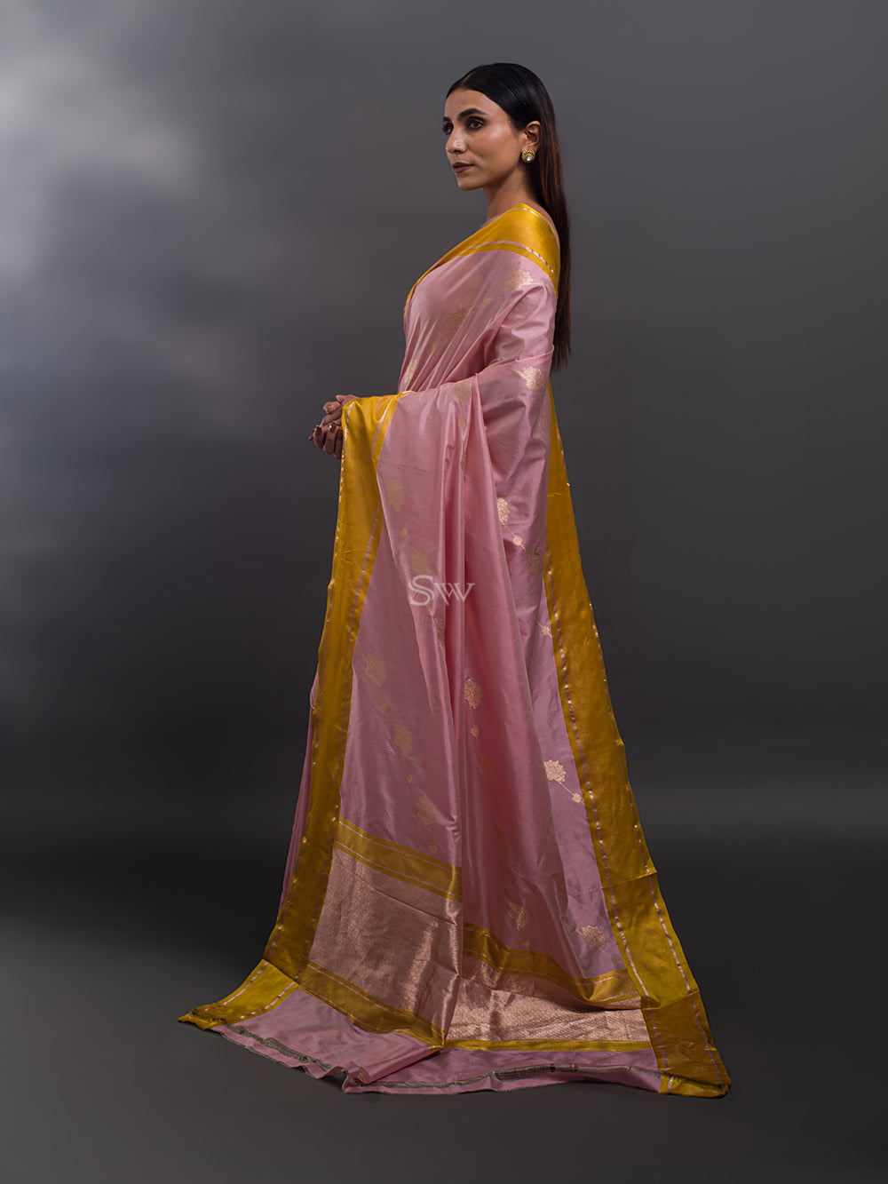 Pink Stripe Katan Silk Handloom Banarasi Saree - Sacred Weaves