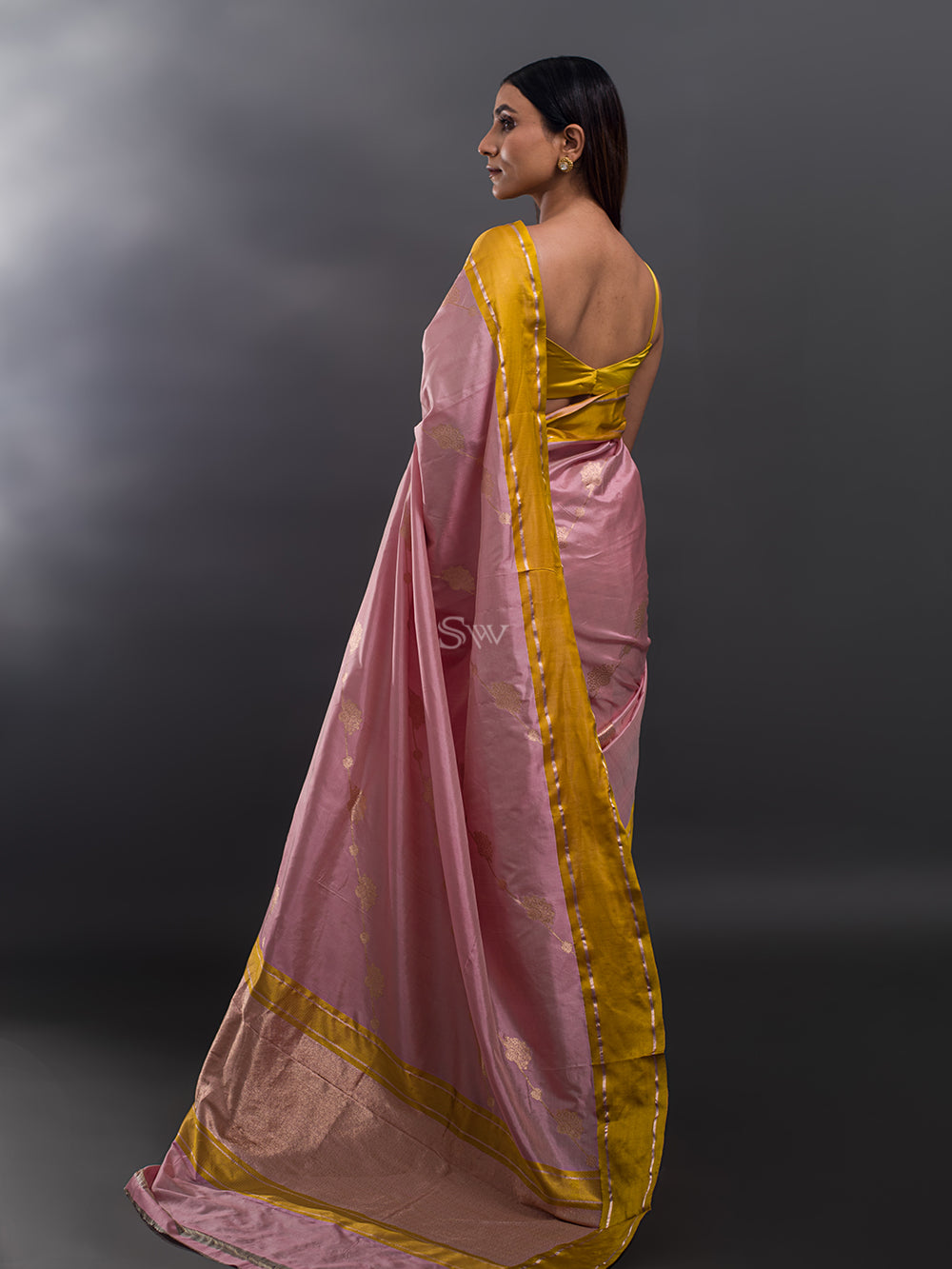 Pink Stripe Katan Silk Handloom Banarasi Saree - Sacred Weaves