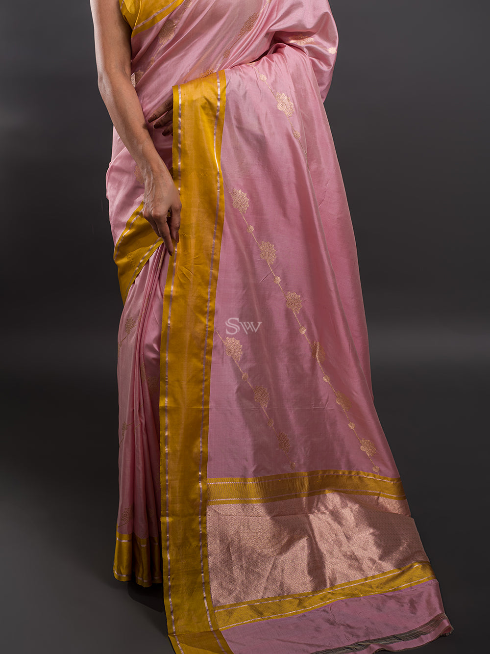 Pink Stripe Katan Silk Handloom Banarasi Saree - Sacred Weaves