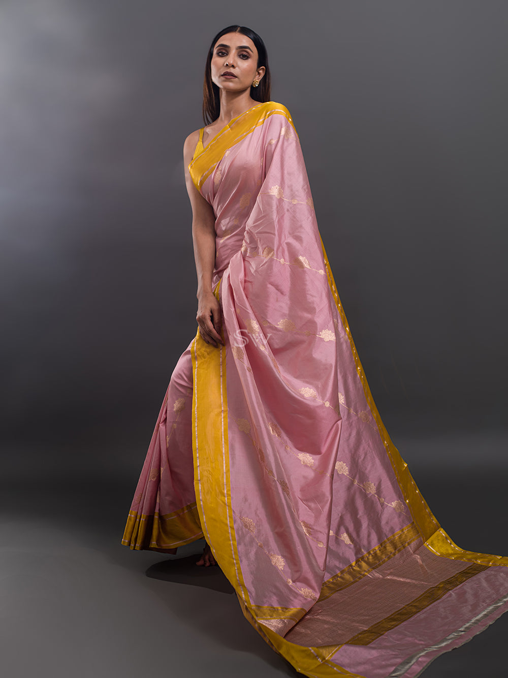 Pink Stripe Katan Silk Handloom Banarasi Saree - Sacred Weaves