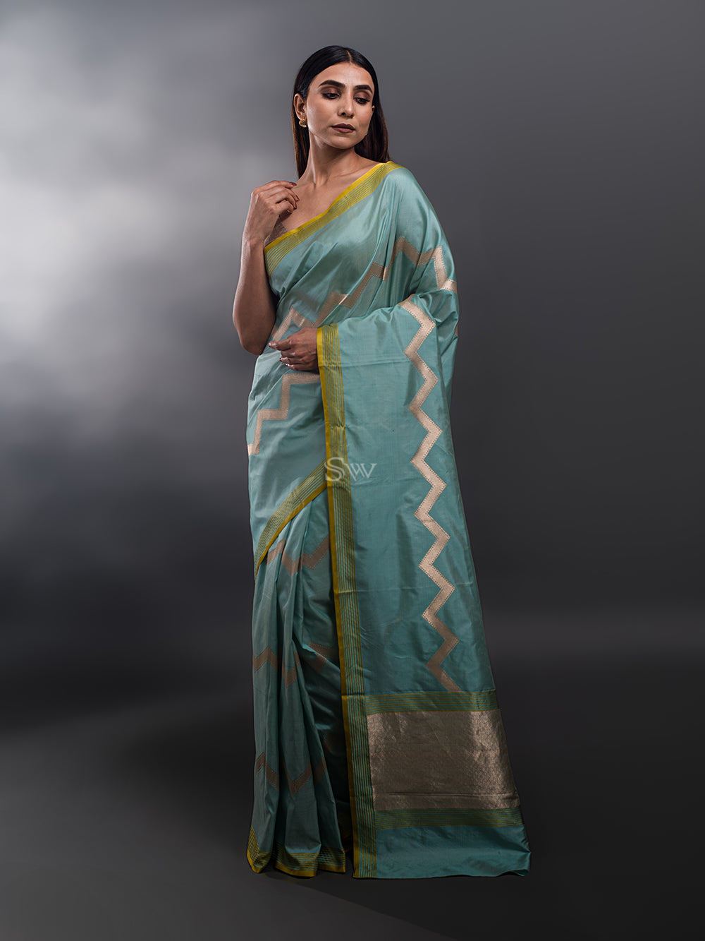 Mint Blue Stripe Katan Silk Handloom Banarasi Saree - Sacred Weaves