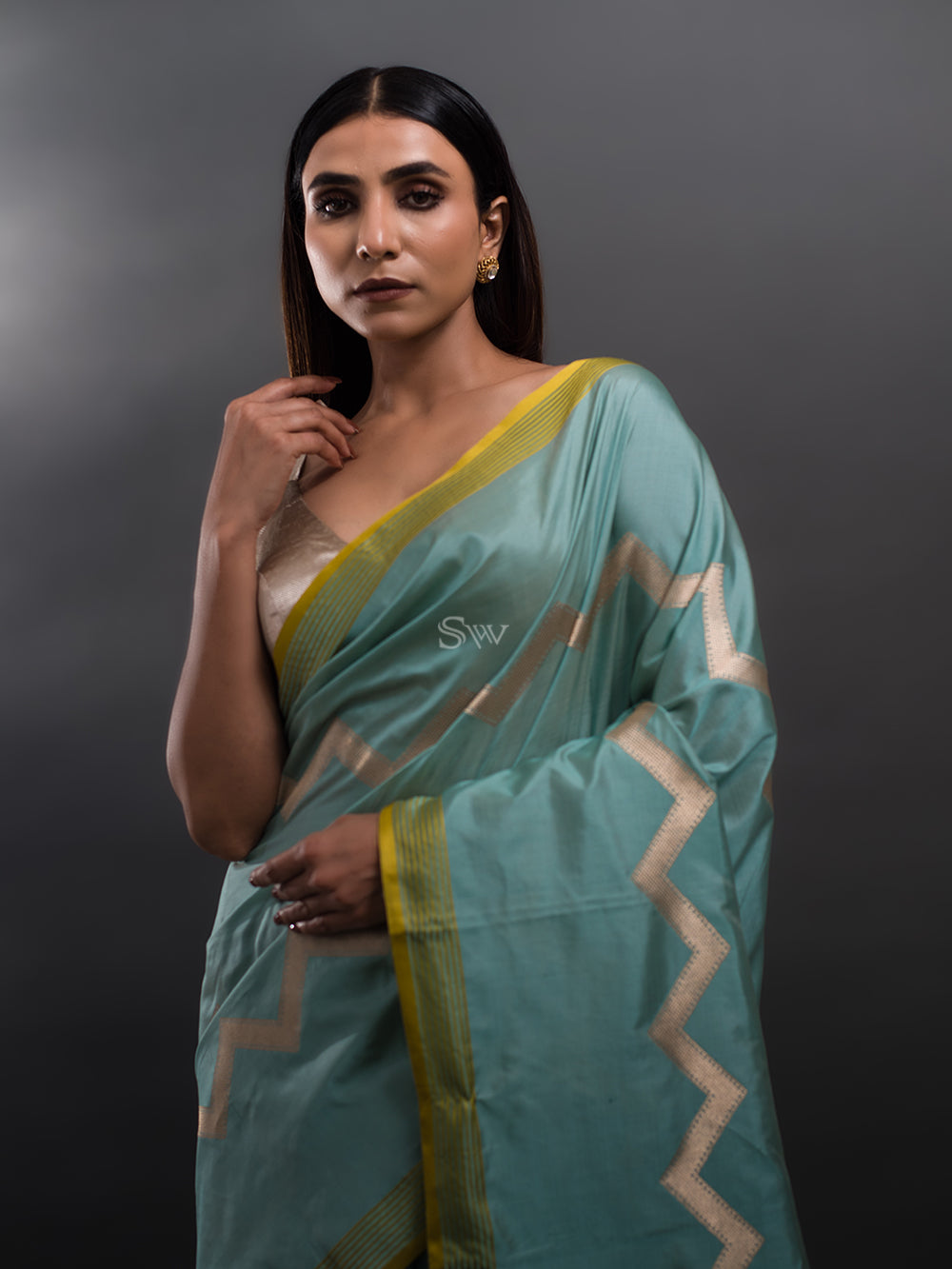 Mint Blue Stripe Katan Silk Handloom Banarasi Saree - Sacred Weaves