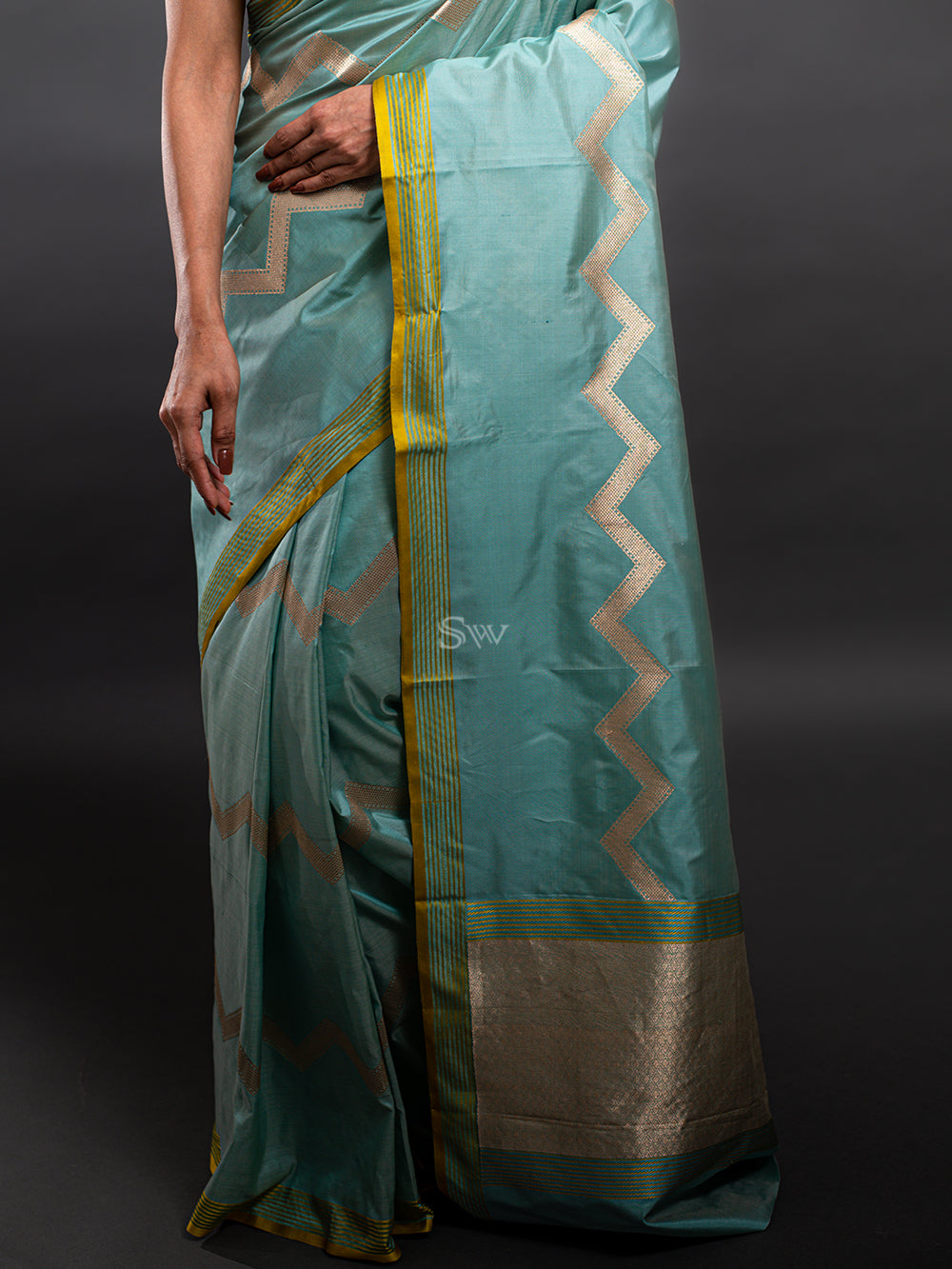 Mint Blue Stripe Katan Silk Handloom Banarasi Saree - Sacred Weaves