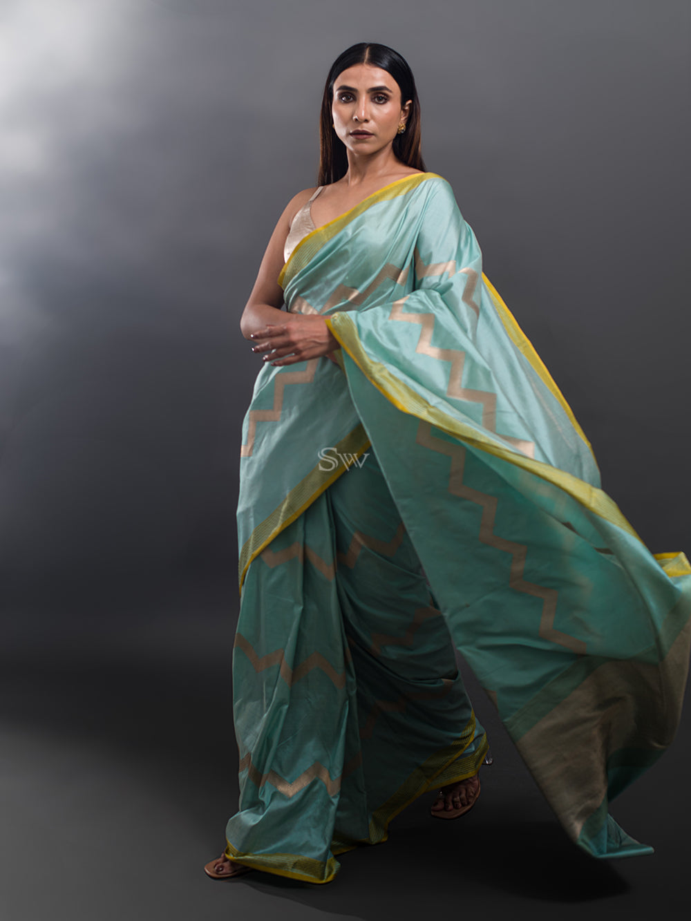 Mint Blue Stripe Katan Silk Handloom Banarasi Saree - Sacred Weaves