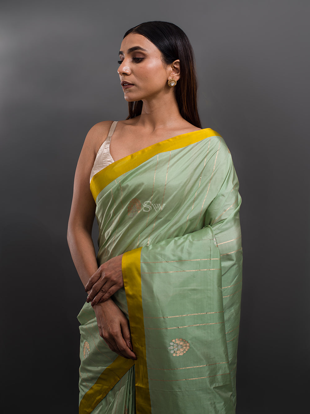 Pista Green Stripe Katan Silk Handloom Banarasi Saree - Sacred Weaves