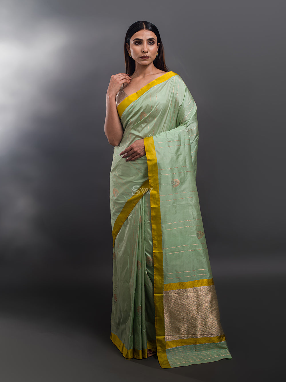 Pista Green Stripe Katan Silk Handloom Banarasi Saree - Sacred Weaves