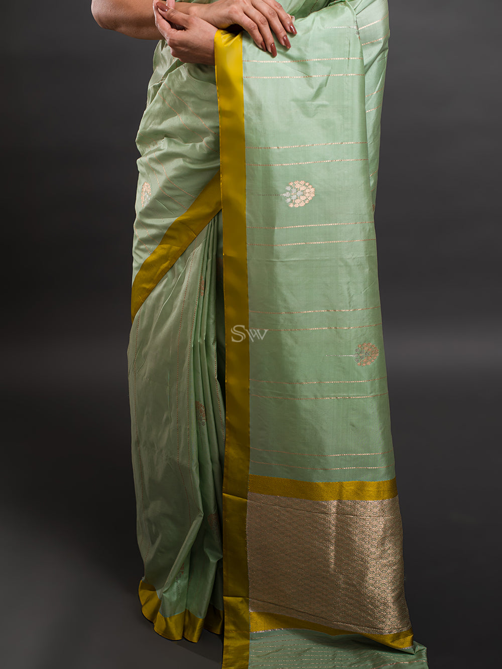 Pista Green Stripe Katan Silk Handloom Banarasi Saree - Sacred Weaves