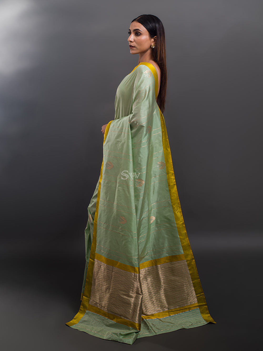 Pista Green Stripe Katan Silk Handloom Banarasi Saree - Sacred Weaves