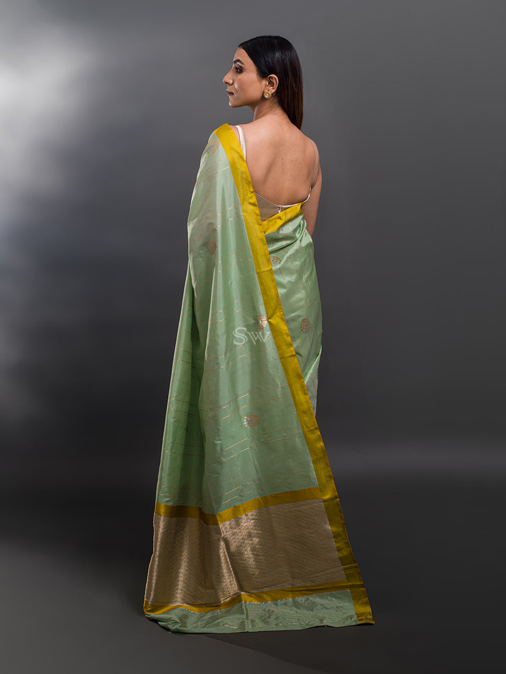 Pista Green Stripe Katan Silk Handloom Banarasi Saree - Sacred Weaves
