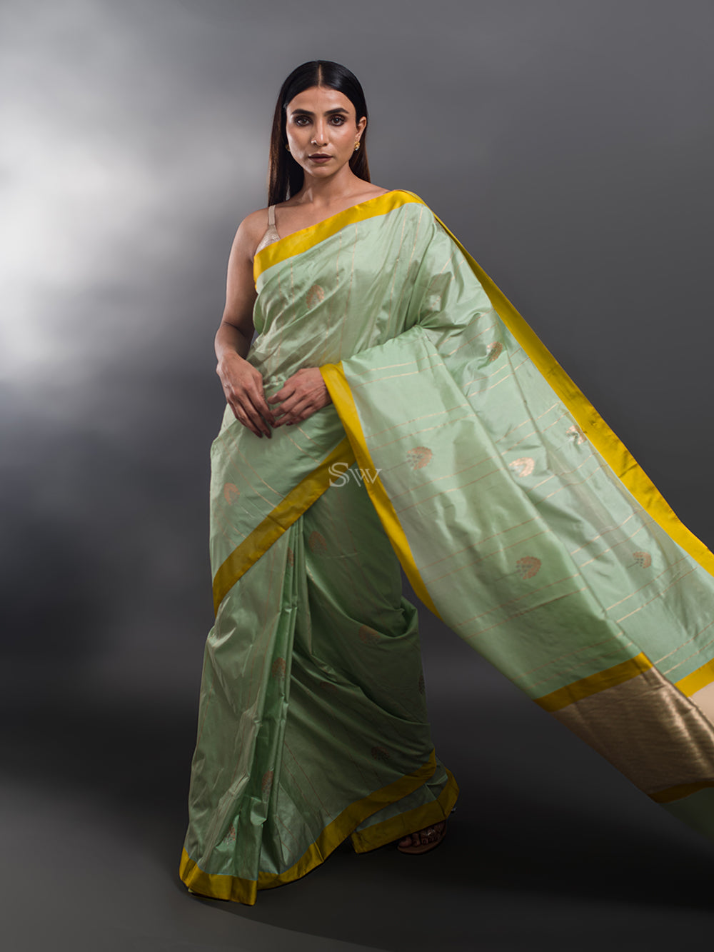 Pista Green Stripe Katan Silk Handloom Banarasi Saree - Sacred Weaves