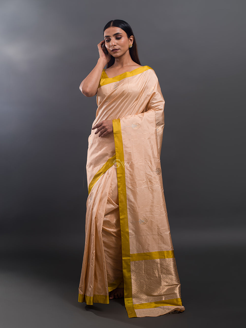 Peach Stripe Katan Silk Handloom Banarasi Saree - Sacred Weaves