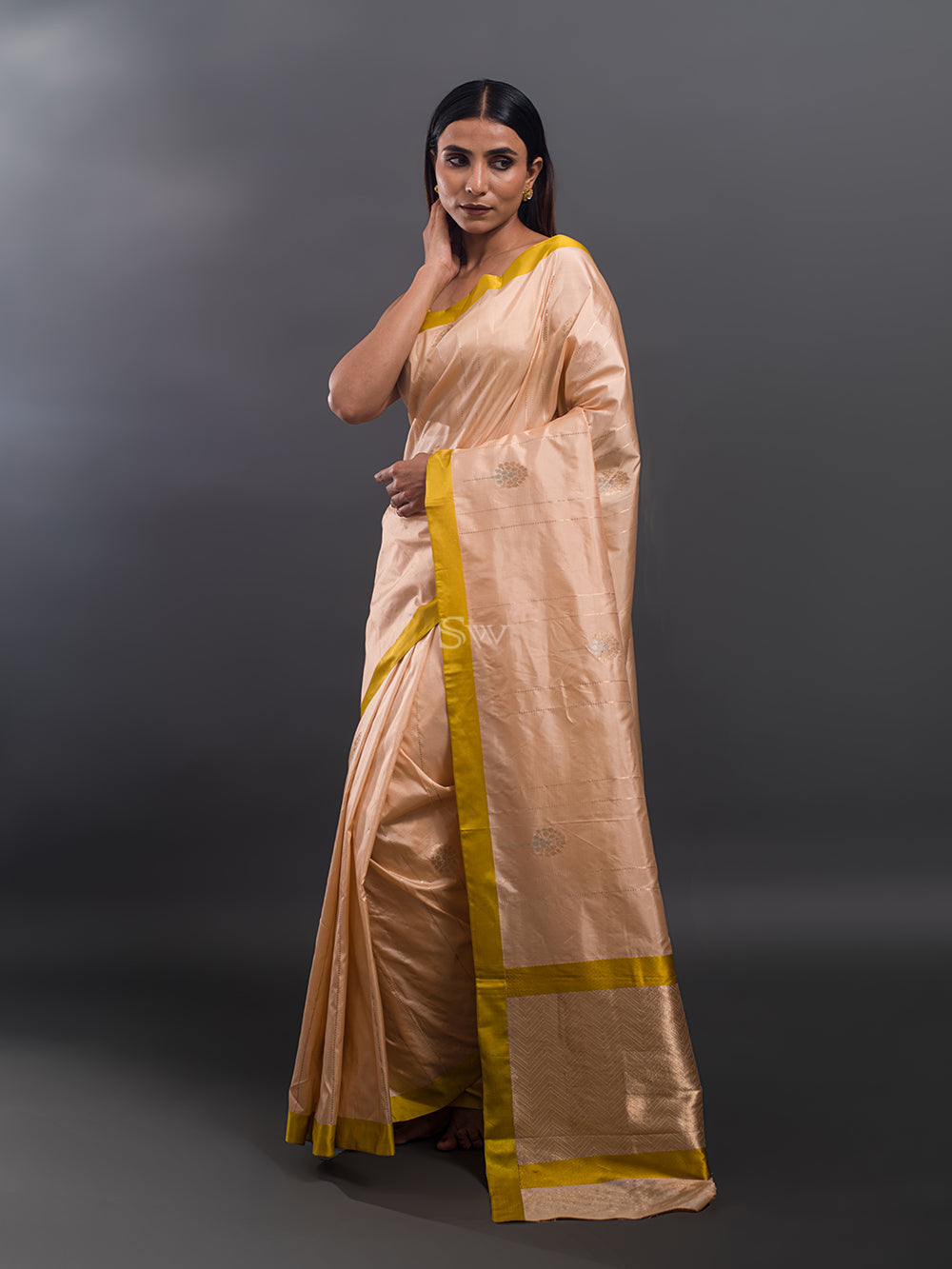 Peach Stripe Katan Silk Handloom Banarasi Saree - Sacred Weaves