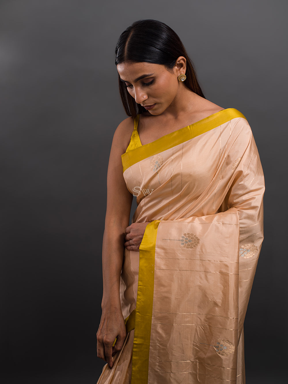 Peach Stripe Katan Silk Handloom Banarasi Saree - Sacred Weaves