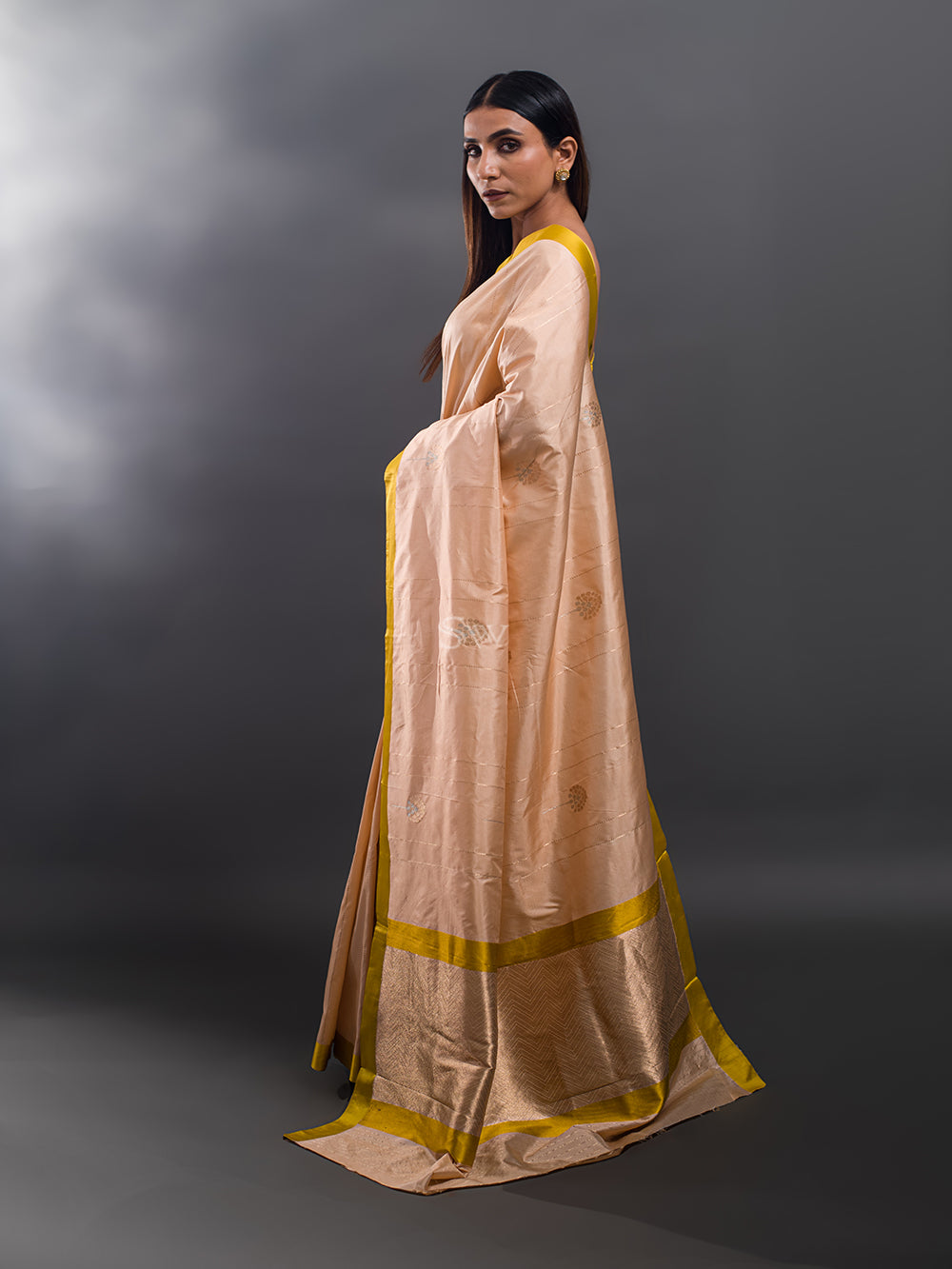 Peach Stripe Katan Silk Handloom Banarasi Saree - Sacred Weaves