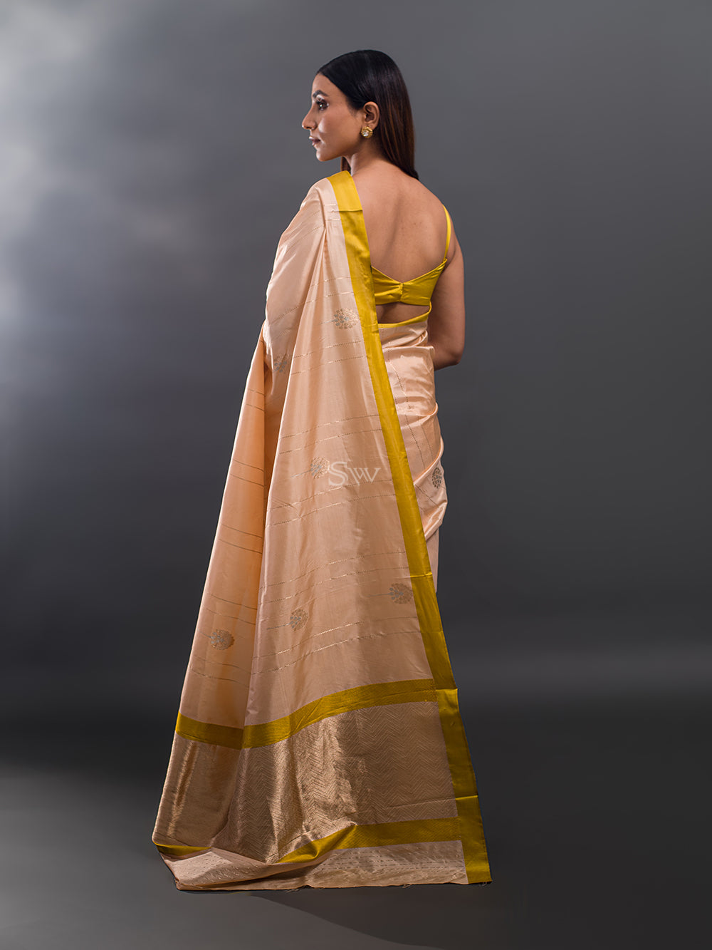 Peach Stripe Katan Silk Handloom Banarasi Saree - Sacred Weaves