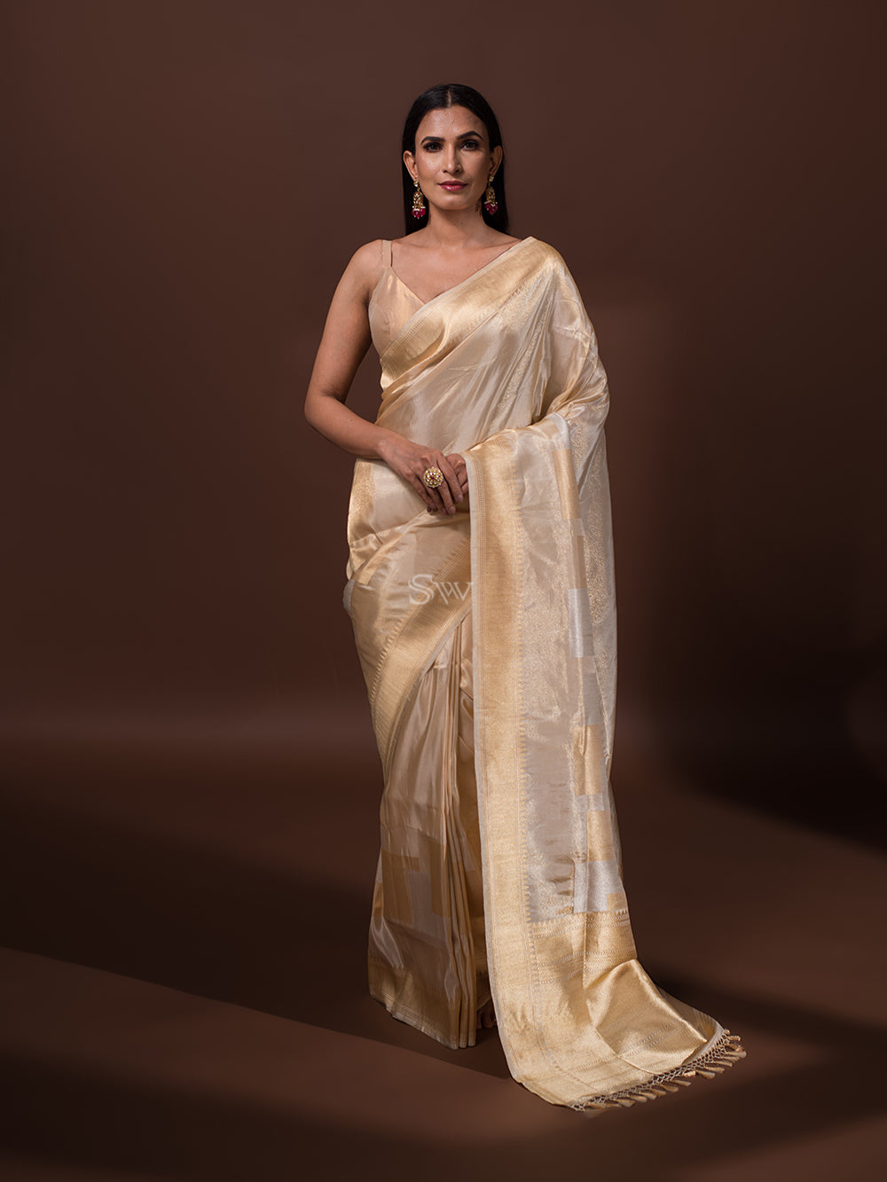 Beige Katan Silk Tissue Handloom Banarasi Saree - Sacred Weaves