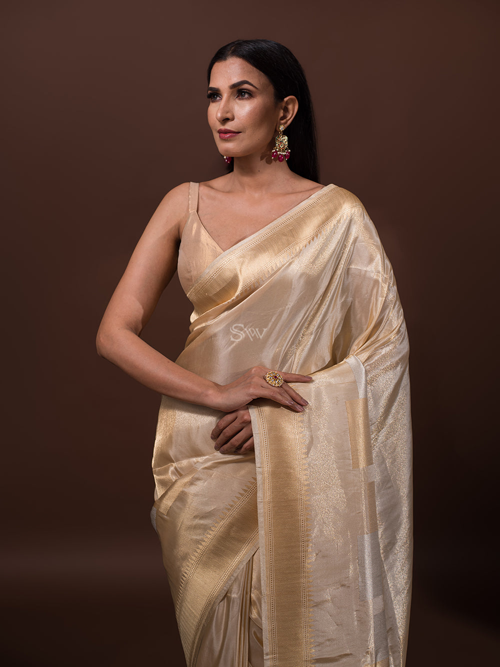 Beige Katan Silk Tissue Handloom Banarasi Saree - Sacred Weaves