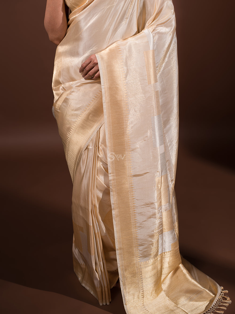 Beige Katan Silk Tissue Handloom Banarasi Saree - Sacred Weaves