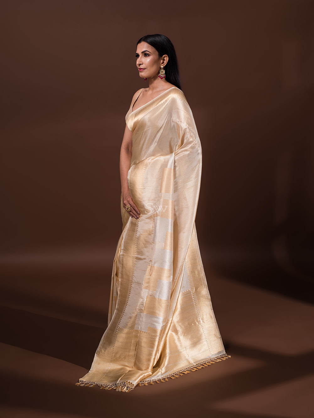 Beige Katan Silk Tissue Handloom Banarasi Saree - Sacred Weaves