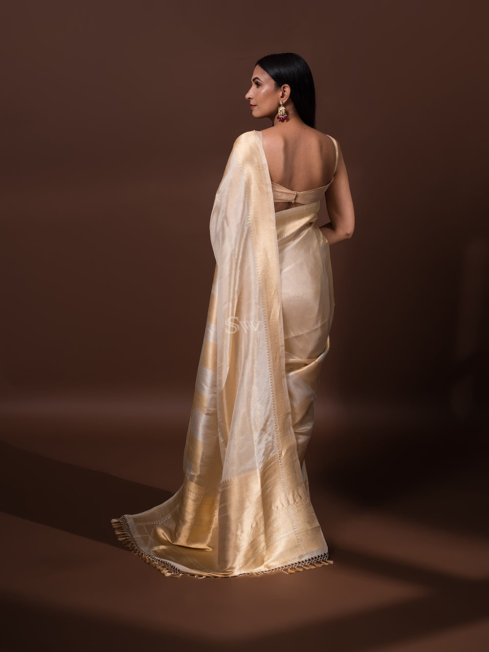 Beige Katan Silk Tissue Handloom Banarasi Saree - Sacred Weaves