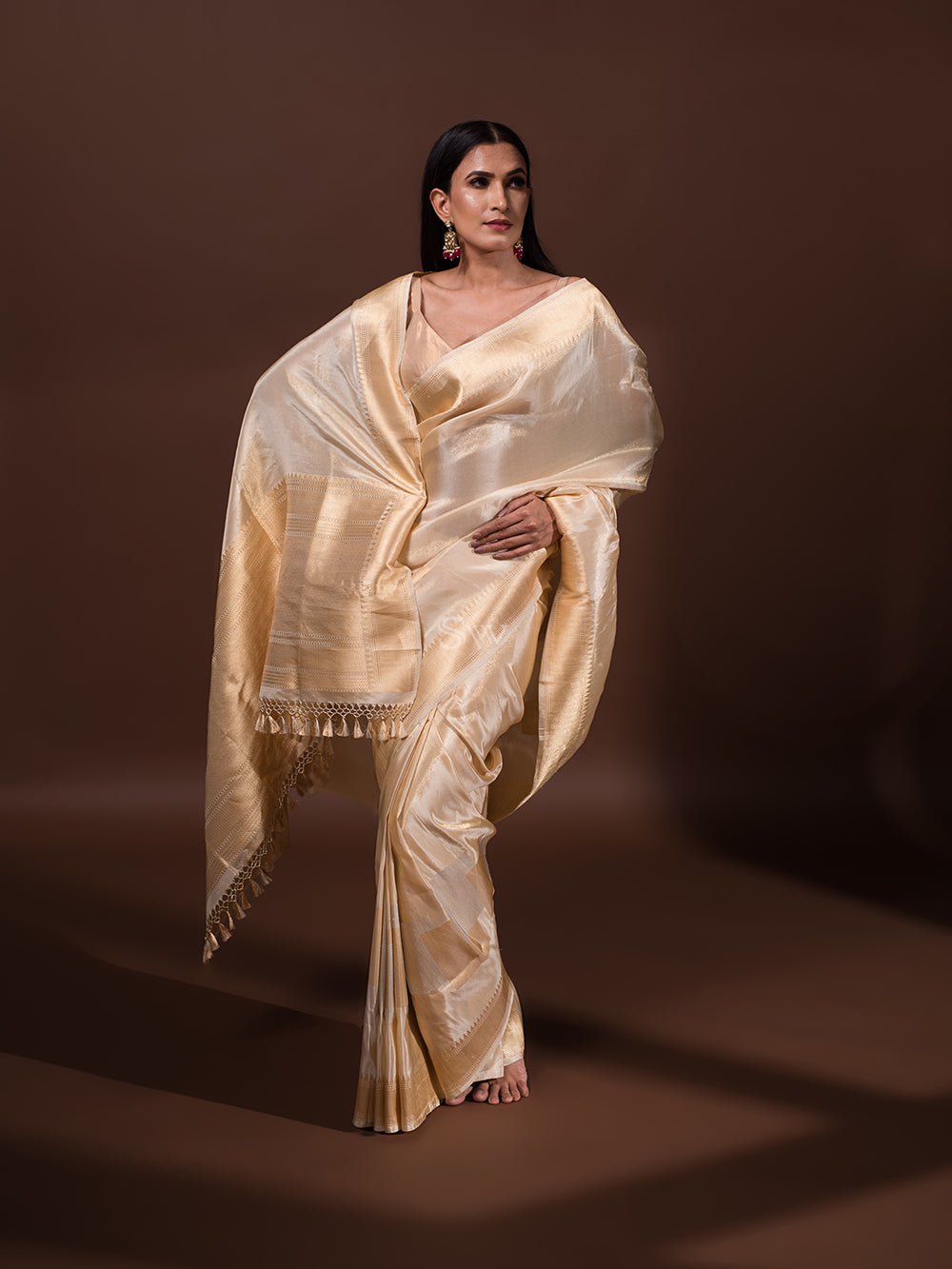 Beige Katan Silk Tissue Handloom Banarasi Saree - Sacred Weaves