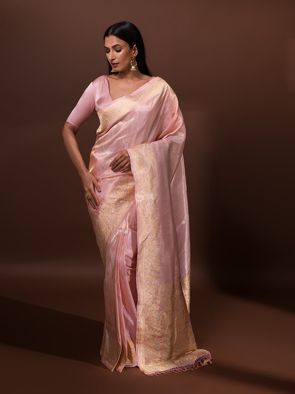 Light Pink Katan Silk Tissue Handloom Banarasi Saree - Sacred Weaves