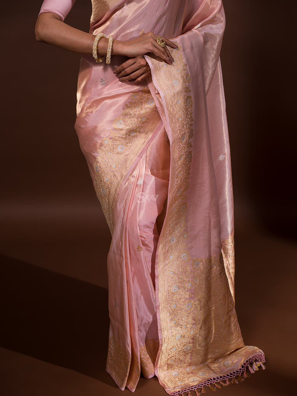 Light Pink Katan Silk Tissue Handloom Banarasi Saree - Sacred Weaves