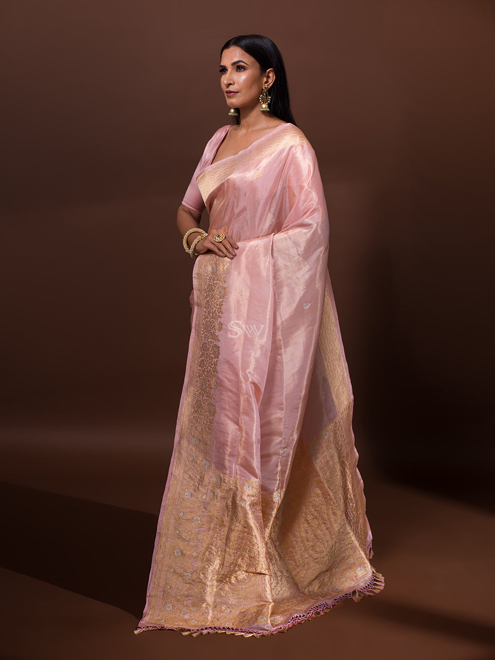 Light Pink Katan Silk Tissue Handloom Banarasi Saree - Sacred Weaves