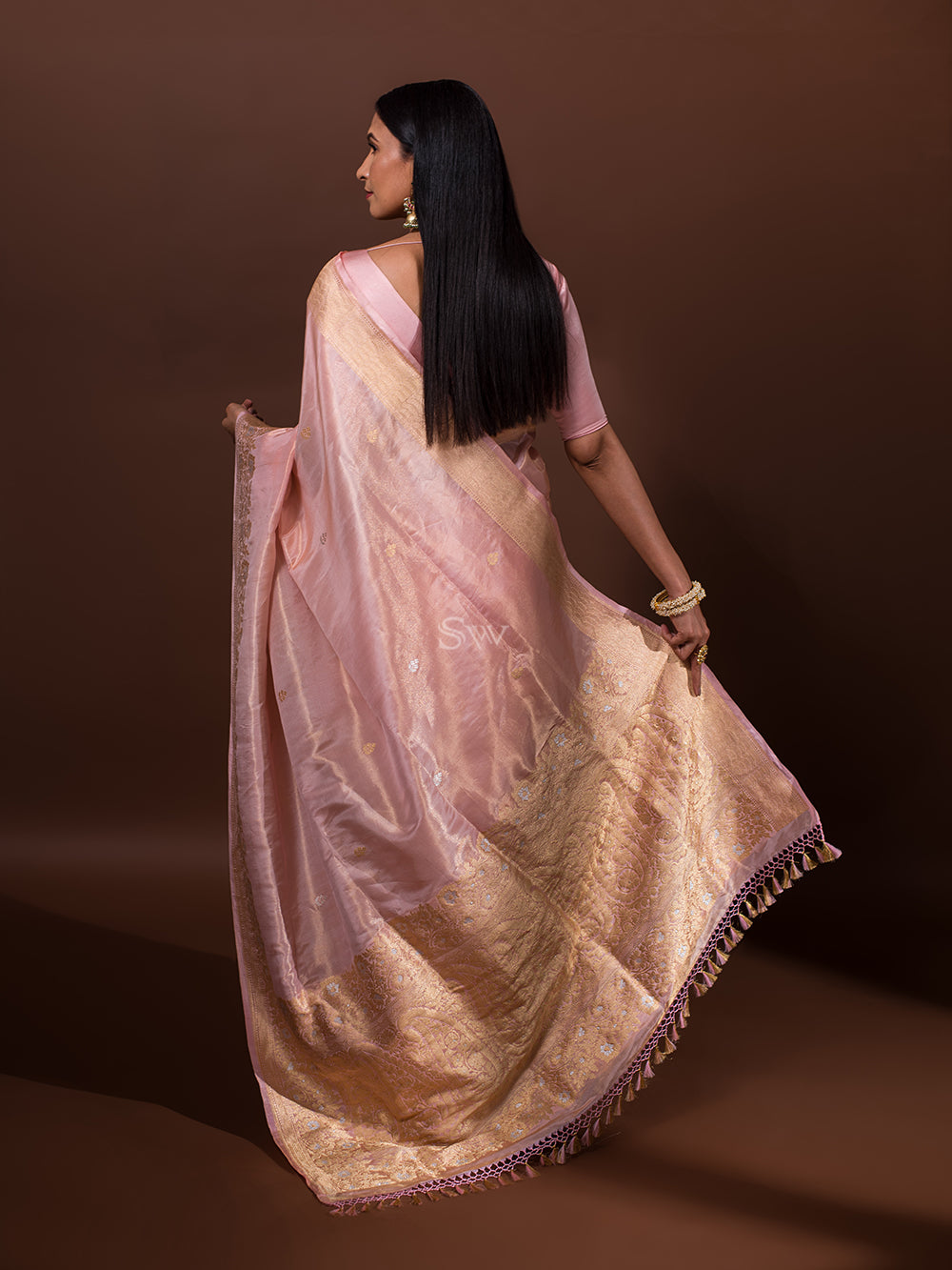 Light Pink Katan Silk Tissue Handloom Banarasi Saree - Sacred Weaves