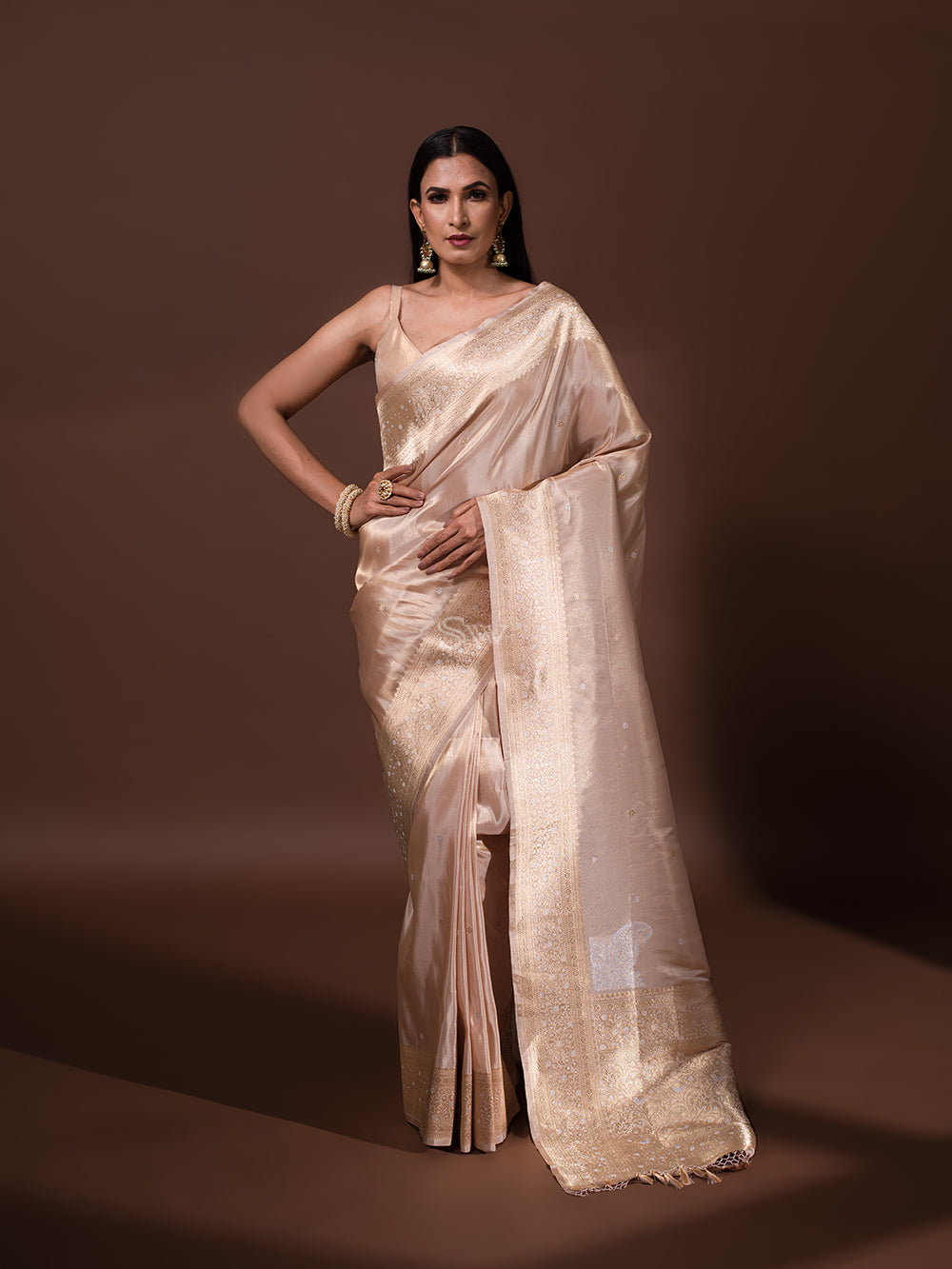 Beige Katan Silk Tissue Handloom Banarasi Saree - Sacred Weaves