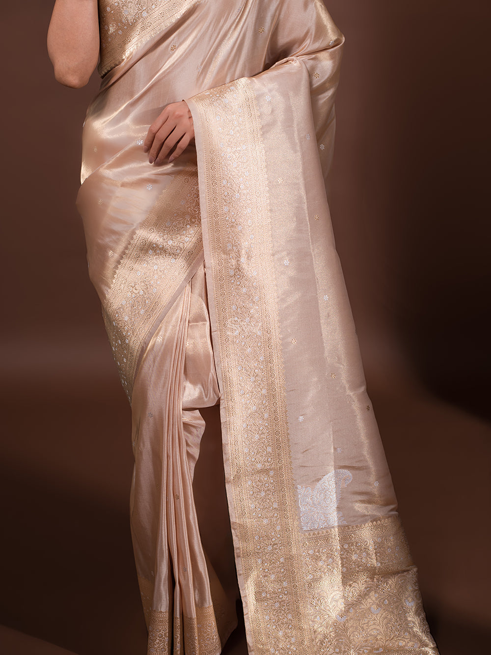 Beige Katan Silk Tissue Handloom Banarasi Saree - Sacred Weaves
