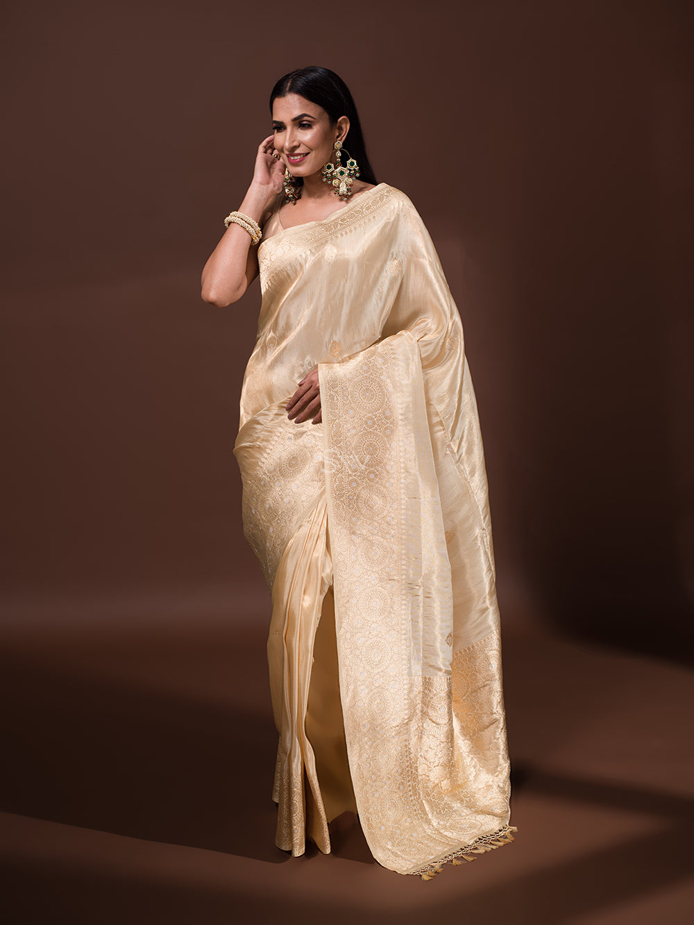 Beige Katan Silk Tissue Handloom Banarasi Saree - Sacred Weaves