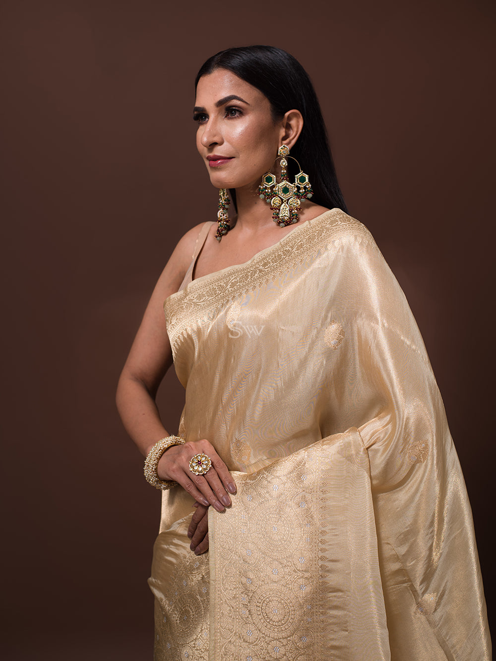 Beige Katan Silk Tissue Handloom Banarasi Saree - Sacred Weaves