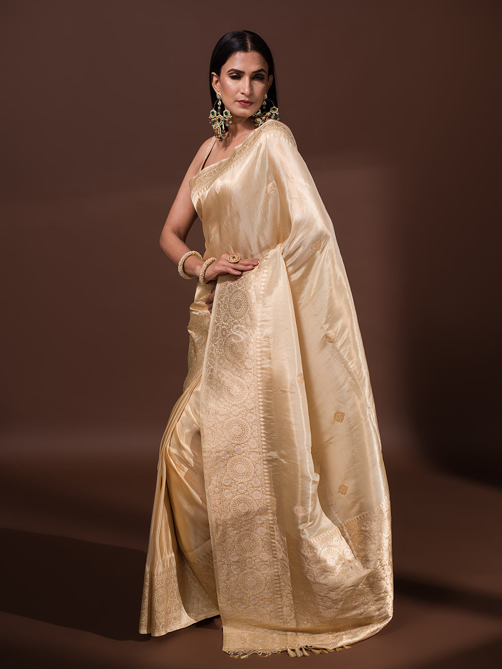 Beige Katan Silk Tissue Handloom Banarasi Saree - Sacred Weaves