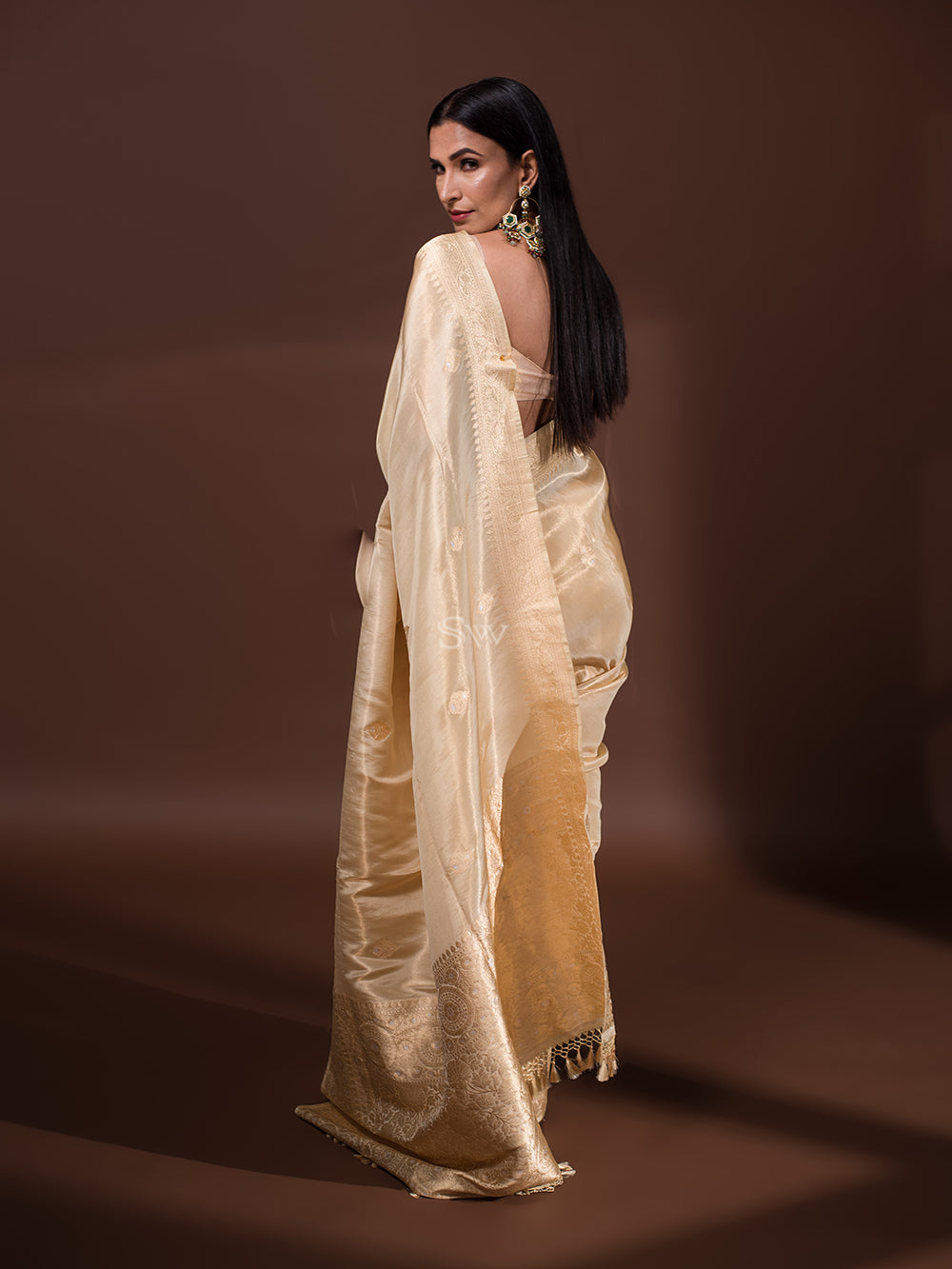 Beige Katan Silk Tissue Handloom Banarasi Saree - Sacred Weaves