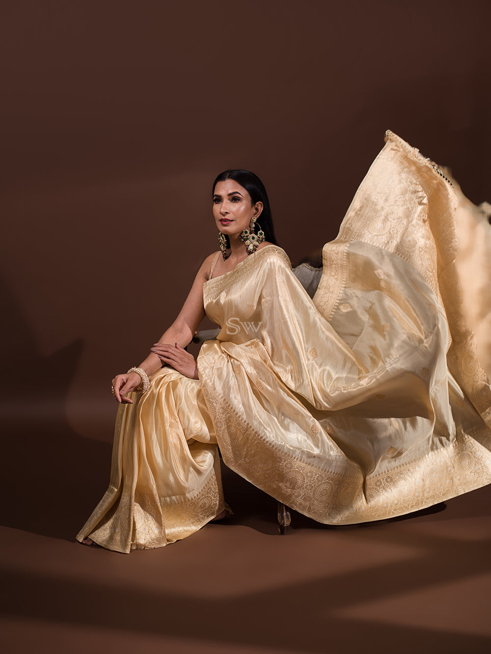 Beige Katan Silk Tissue Handloom Banarasi Saree - Sacred Weaves