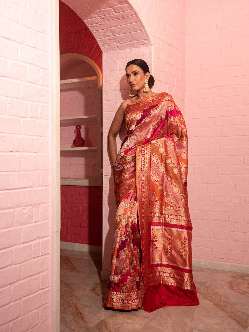 Magenta Pink Orange Jaal Katan Silk Handloom Banarasi Saree - Sacred Weaves