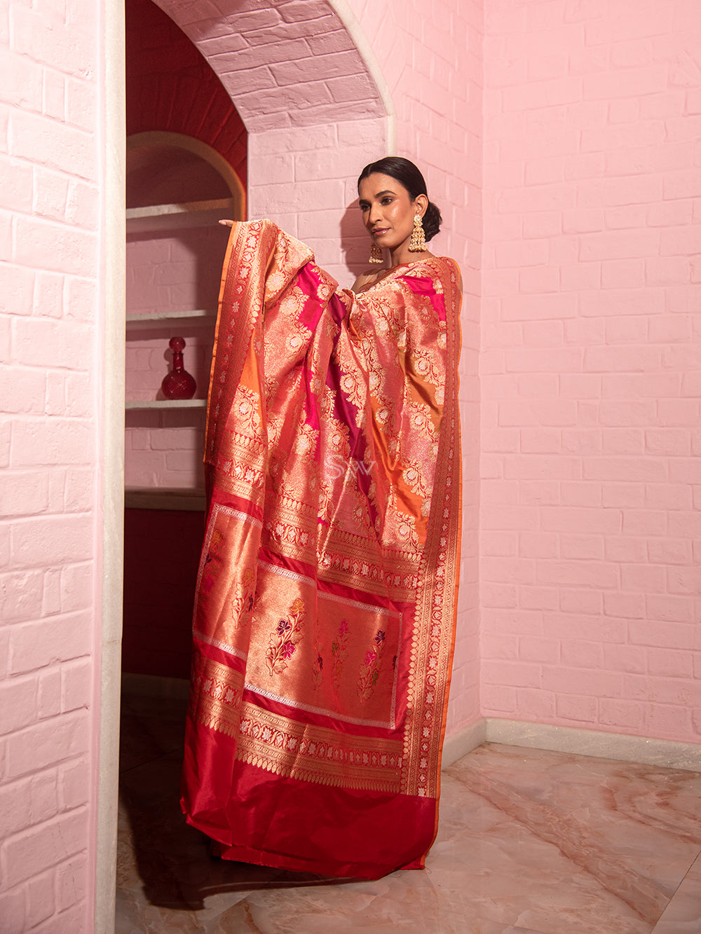 Magenta Pink Orange Jaal Katan Silk Handloom Banarasi Saree - Sacred Weaves
