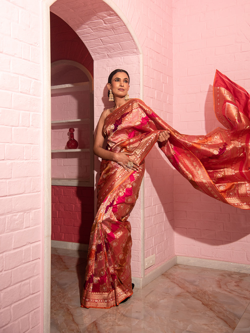 Magenta Pink Orange Jaal Katan Silk Handloom Banarasi Saree - Sacred Weaves