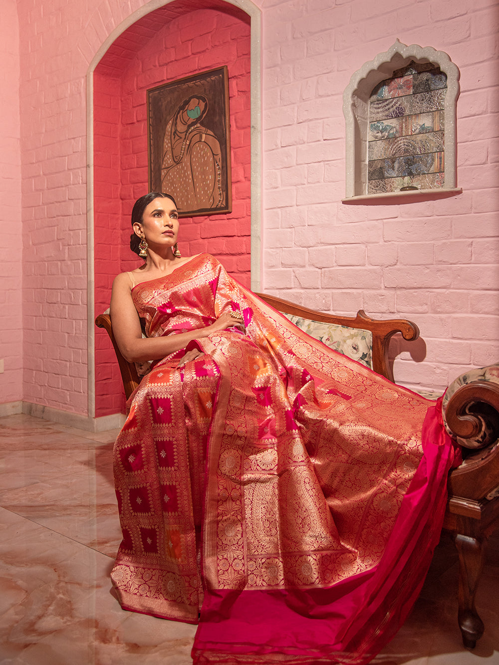 Pink Orange Jaal Katan Silk Handloom Banarasi Saree - Sacred Weaves