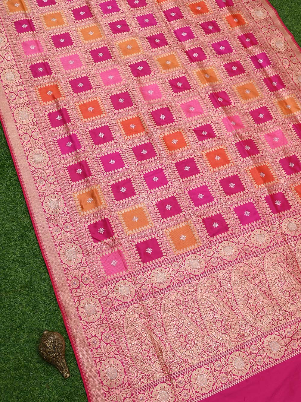 Pink Orange Jaal Katan Silk Handloom Banarasi Saree - Sacred Weaves