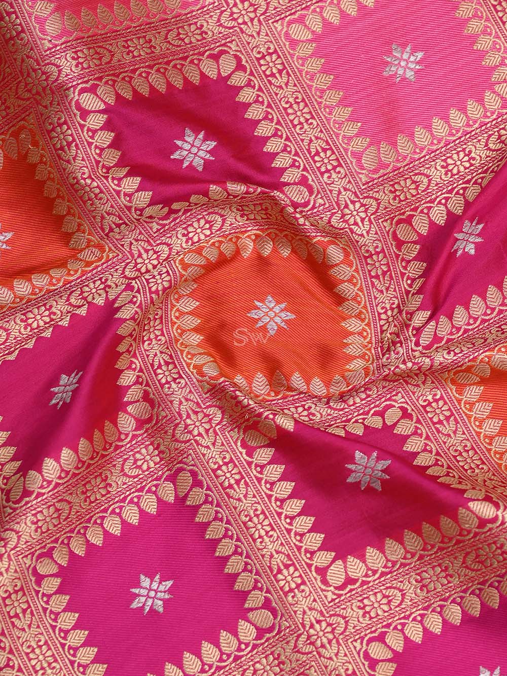 Pink Orange Jaal Katan Silk Handloom Banarasi Saree - Sacred Weaves