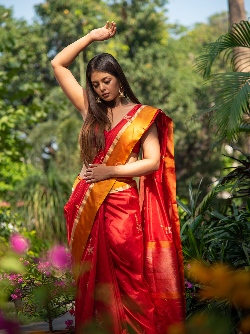 Red Meenakari Boota Katan Silk Handloom Banarasi Saree - Sacred Weaves