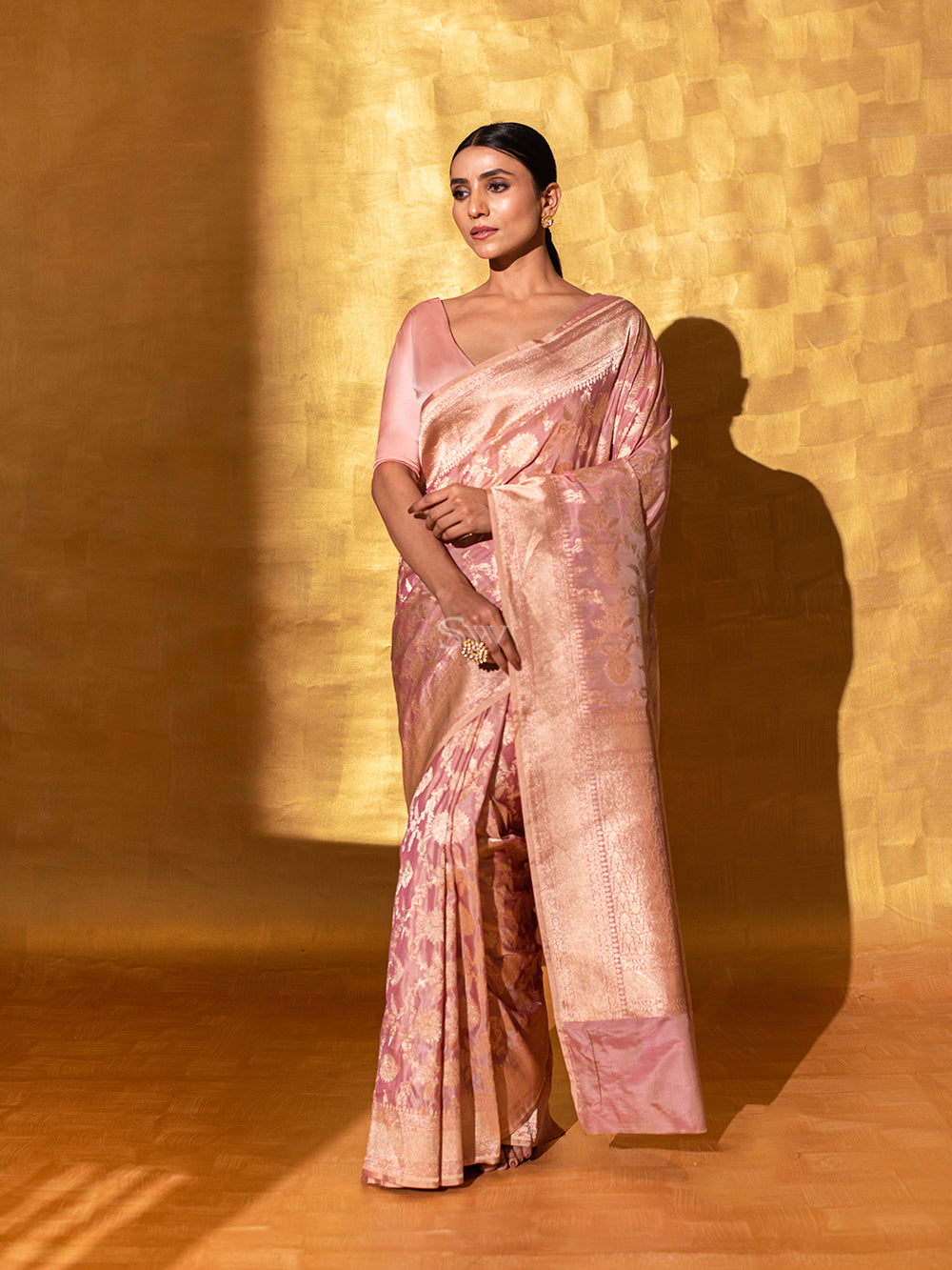 Pastel Pink Uppada Katan Silk Handloom Banarasi Saree - Sacred Weaves