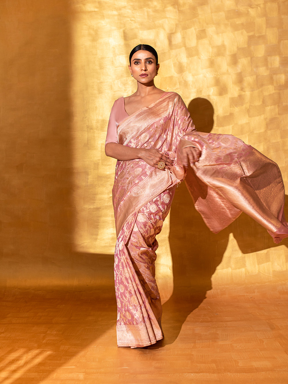 Pastel Pink Uppada Katan Silk Handloom Banarasi Saree - Sacred Weaves