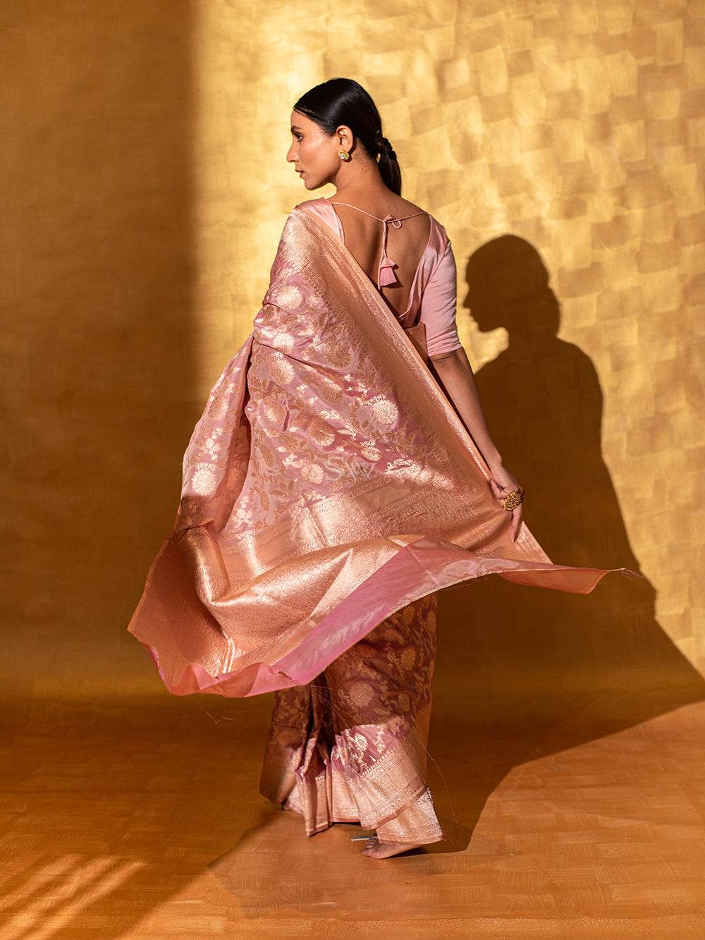 Pastel Pink Uppada Katan Silk Handloom Banarasi Saree - Sacred Weaves