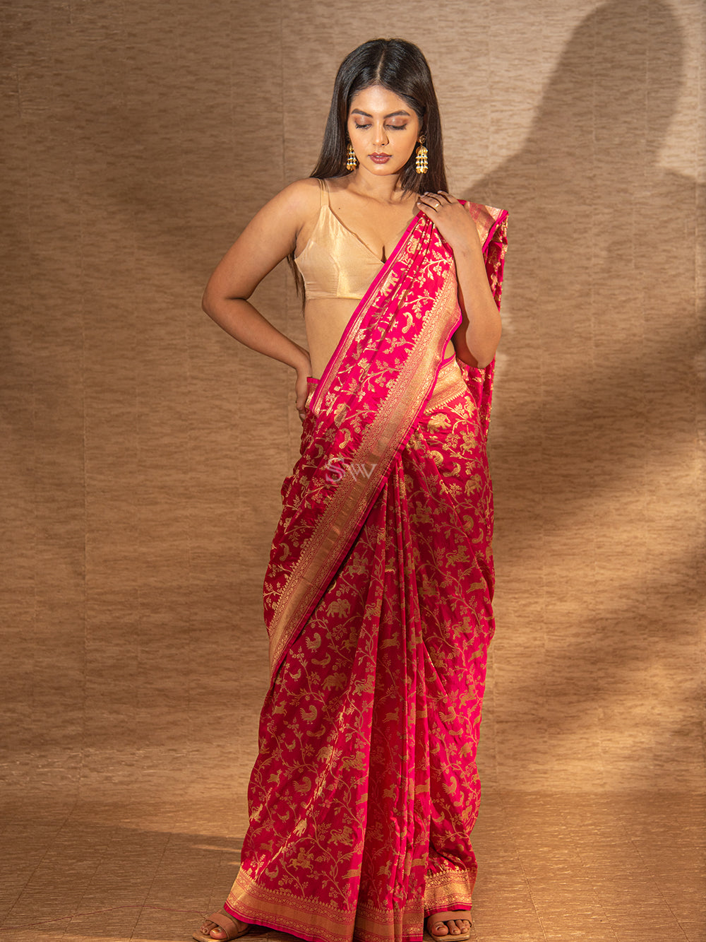 Pink Red Shikargah Katan Silk Handloom Banarasi Saree - Sacred Weaves