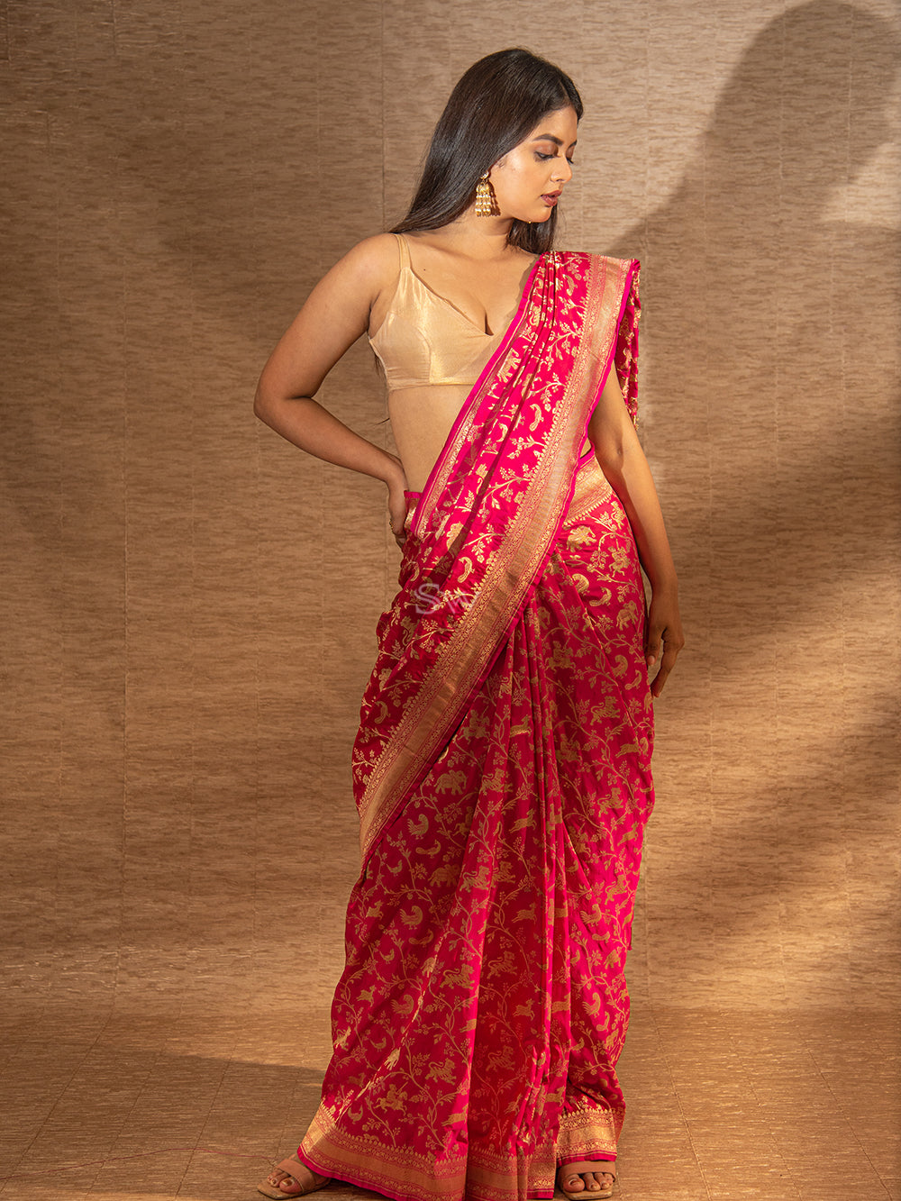 Pink Red Shikargah Katan Silk Handloom Banarasi Saree - Sacred Weaves